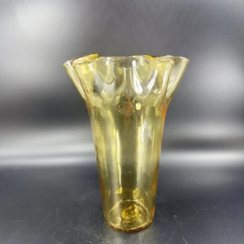 Mid Century Amber Art Glass Vase With Ruffled Top Edges‎ Hand Blown Glass Decor